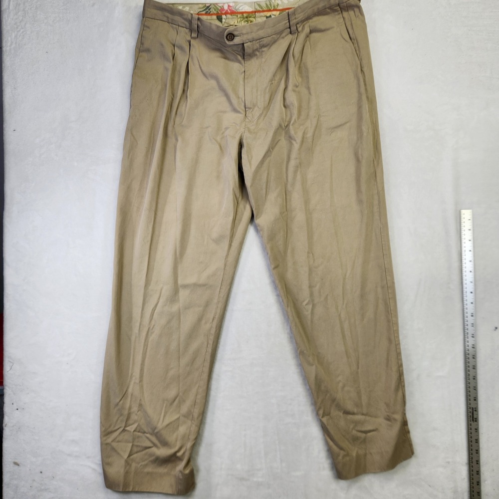 Tommy Bahama Mens Khaki‎ Silk Cotton Blend Pleated Pants 40x34 Tan Resortwear